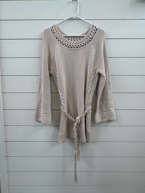 Newport News Light Beige Crochet Knit Top with Tie Detail